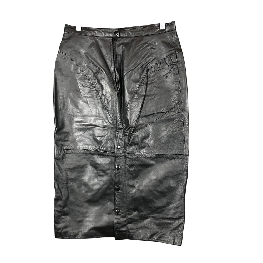 Vintage G-III Leather Skirt Womens 8-10 Black Midi Pencil V-Yoke‎